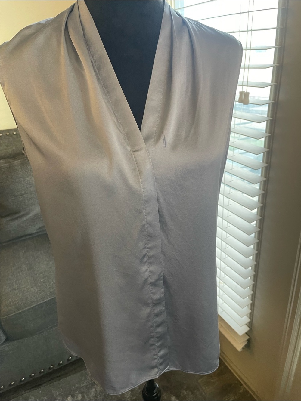 Sleeveless Silk V-Neck Blouse in Light Gray